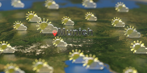 Partly cloudy weather icons near Munich city on the map, weather forecast related 3D rendering