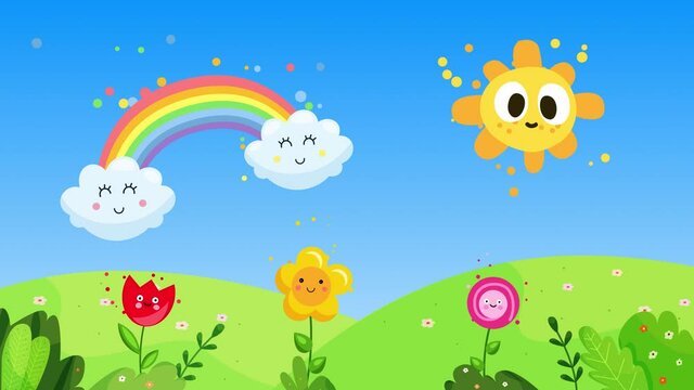 cute spring landscape animation,sun and rainbow and colorful flowers,hills with blue sky,happy sun and clouds