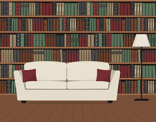 Home library interior. There is a white sofa and floor lamp against the backdrop of bookshelves. Old books on the shelves. Vector flat illustration.v