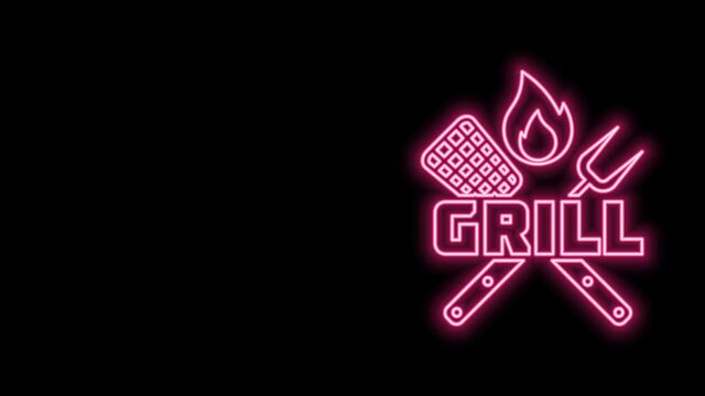 Glowing neon line Crossed fork and spatula icon isolated on black background. Fire flame sign. BBQ fork and spatula sign. Barbecue and grill tools. 4K Video motion graphic animation
