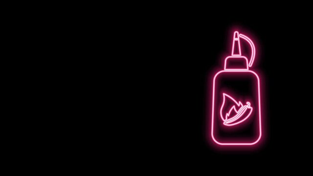 Glowing neon line Ketchup bottle icon isolated on black background. Fire flame icon. Hot chili pepper pod sign. Barbecue and BBQ grill symbol. 4K Video motion graphic animation