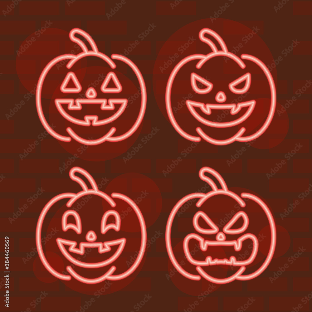 Wall mural happy halloween set pumpkins in neon light