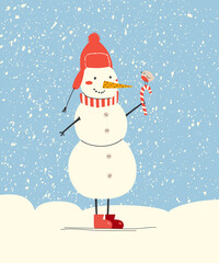 Vector illustration of christmas snowman with a candy and little bird for greeting card design. Hand drawn illustration in doodle style. Line art. For web greeting card and another print design.