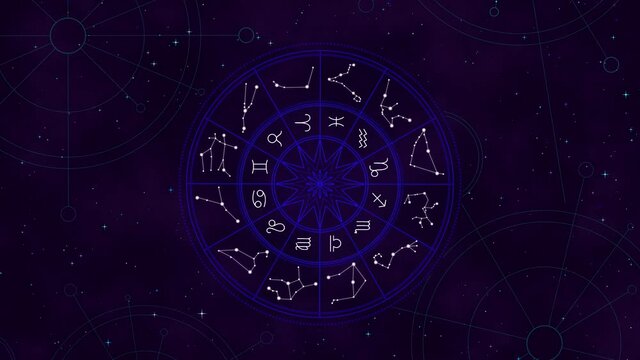 neon zodiac wheel in the space,starry night with twinkle stars,astrology concept background,galaxy wallpaper