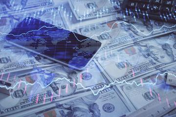 Double exposure of forex graph drawing over us dollars bill background. Concept of financial markets.