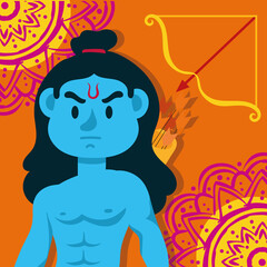 happy dussehra celebration with lord rama blue character in orange background