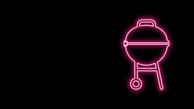Glowing neon line Barbecue grill icon isolated on black background. BBQ grill party. 4K Video motion graphic animation