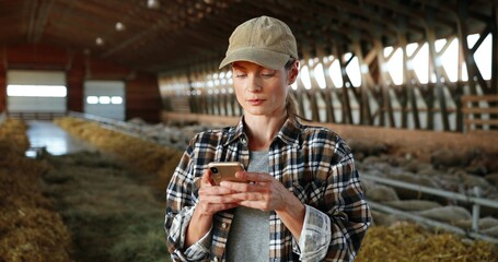 Young Caucasian woman using smartphone and working in farm stable. Female farmer tapping and scrolling on mobile phone in shed. Shepherd texting message on telephone. Farming concept.