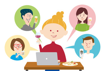 友達とオンライン飲み会をする女性