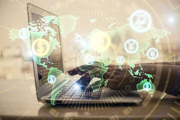 Double exposure of woman hands typing on computer and forex chart hologram drawing. Stock market invest concept.