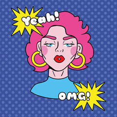 young woman with hair pink pop art style