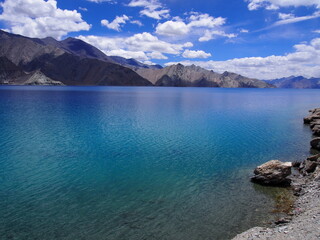 Obraz premium Beautiful lakes and magnificent blue skies and mountains, Pangong tso (Lake), Durbuk, Leh, Ladakh, Jammu and Kashmir, India