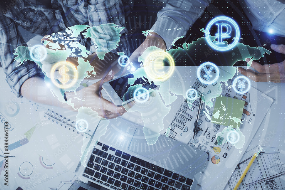 Poster double exposure of forex graph drawing and man and woman working together holding and using a mobile