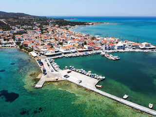 Aerial panoramic view of Elafonisos island over the Laconian village and port in Peloponnese, Greece