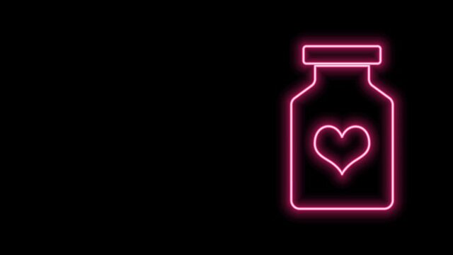 Glowing neon line Medicine bottle with pills for potency, aphrodisiac icon isolated on black background. Sex pills for men and women. 4K Video motion graphic animation