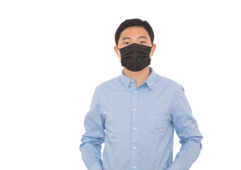 Man wearing antivirus mask in front of white background