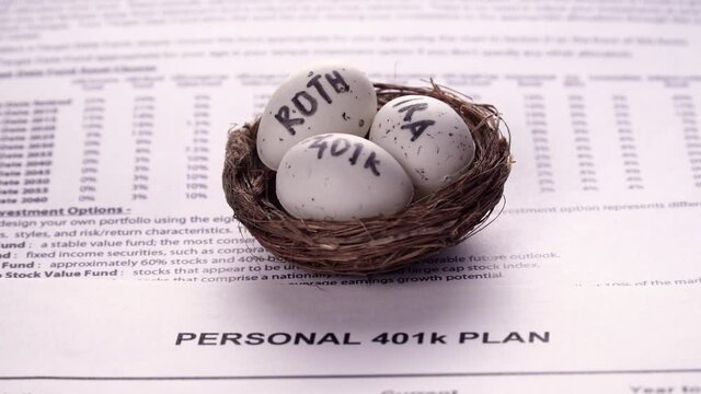 Conceptual composition. Pension savings. Individual retirement account. Three eggs with the inscriptions IRA, 401k, Roth lie in the nest against the background of the Personal 401k plan form. Close-up