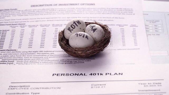 Conceptual composition. Pension savings. Individual retirement account. Three eggs with the inscriptions IRA, 401k, Roth lie in the nest against the background of the Personal 401k plan form. Close-up
