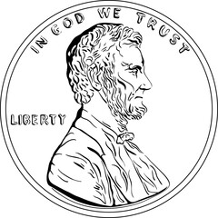 American money, United States one cent or penny, President Lincoln on obverse. Black and white image