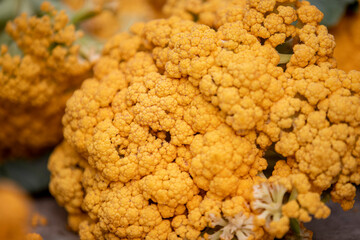 Yellow cauliflower on display at a farmers market
