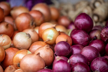 Onions on display at a farmers market