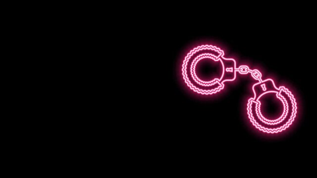 Glowing neon line Sexy fluffy handcuffs icon isolated on black background. Handcuffs with fur. Fetish accessory. Sex shop stuff for sadist and masochist. 4K Video motion graphic animation