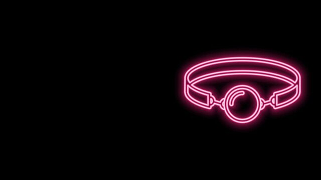 Glowing neon line Silicone ball gag with a leather belt icon isolated on black background. Fetish accessory. Sex toy for men and woman. 4K Video motion graphic animation