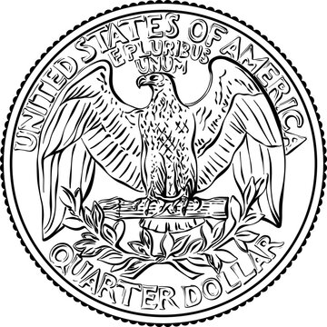 American money, United States Washington quarter dollar or 25-cent silver coin, the national bird of USA Bald eagle on reverse. Black and white image