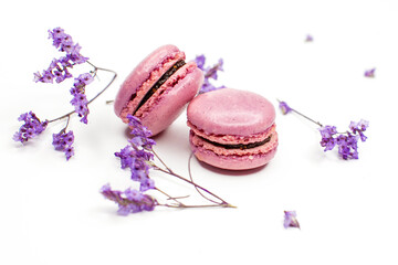 Top view on appetizing pink (purple) macaroons cookies and flowers on a white background. Lavender cookies (intentional selective depth of focus)