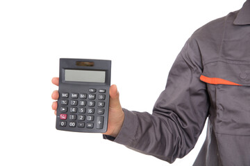 Accountant holding calculator in hand in front of white background