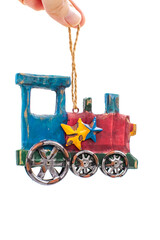 Decoration for the Christmas tree. Figurine of train on a white isolated background. Holiday, celebration, NewYear, Noel concept.
