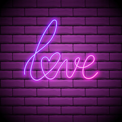 Neon sign, the word Love with heart on dark background. Design element for Happy Valentine's Day. Ready for your design, greeting card, banner. Vector illustration.