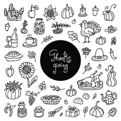 Thanksgiving doodles set. Traditional symbols sketch collection,food,drinks,turkey, pumpkin,corn,wine,wheet,vegetables.hand drawn Doodle set of objects.Let s celebrate Happy Thanksgiving doodles set. 