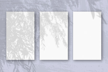 3 vertical sheets of textured white paper on soft blue table background. Mockup overlay with the plant shadows. Natural light casts shadows from an exotic plant. Horizontal orientation