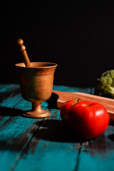 fresh vegetables on blue wood