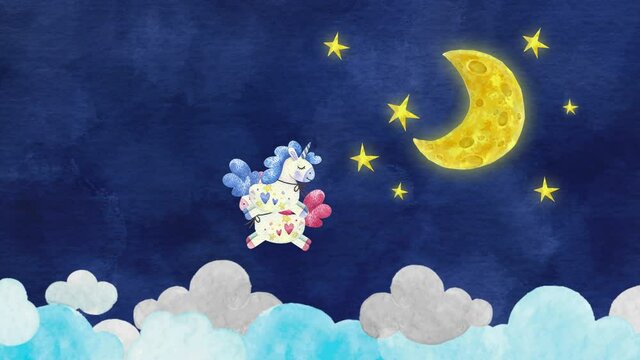 unicorns flying in the night sky, with animated moon,stars and clouds background footage 