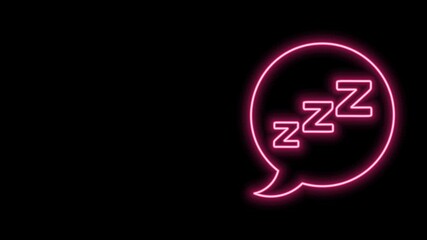 Glowing neon line Speech bubble with snoring icon isolated on black background. Concept of sleeping, insomnia, alarm clock app, deep sleep, awakening. 4K Video motion graphic animation