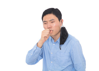 Man taking off his mask and coughing in front of white background