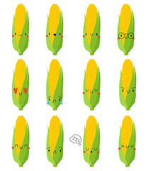 Set Kawaii Cartoon Corn. Vector Illustration EPS. 