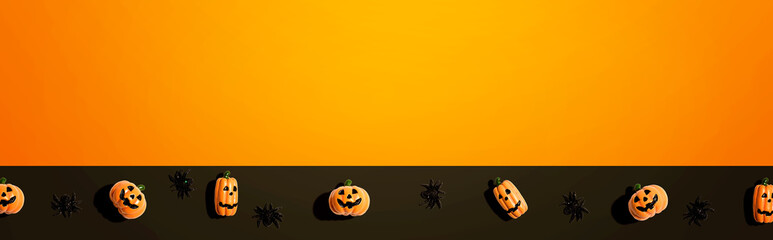 Miniature Halloween pumpkin ghosts with spiders - flat lay