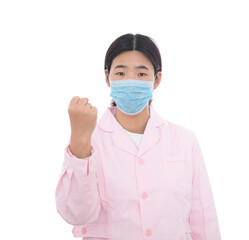 A nurse wearing a pink nurse uniform in front of a white background makes a cheering gesture