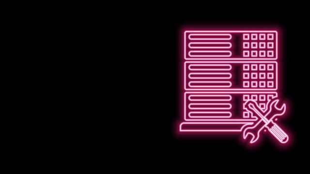 Glowing neon line Database server with screwdriver and wrench icon isolated on black background. Adjusting, service, setting, maintenance, repair, fixing. 4K Video motion graphic animation