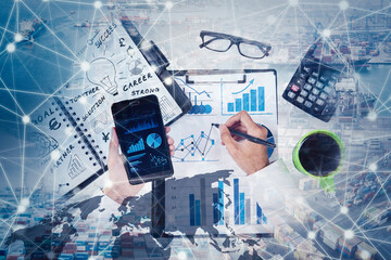 Double exposure of businessman analyze growth chart