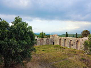 Aerial view of Androusa castle ruins and surrounding area at Autumn