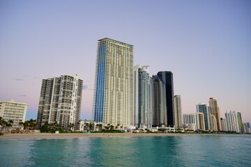 Miami downtown and beach at sun set	
