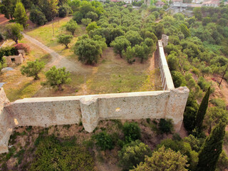 Aerial view of Androusa castle ruins and surrounding area at Autumn