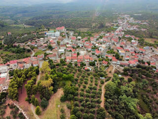 Aerial view of Androusa village and crop fields at Autumn