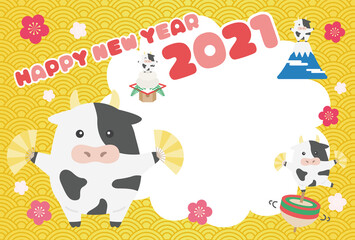 Obraz premium 2021年の丑年の年賀状のイラスト