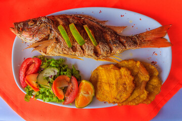 Delicioso pescado  con limón y ensalada 