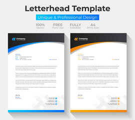 Professional business letterhead design in blue & orange for corporate office. Vector design illustration. Simple & creative modern corporate letterhead template in a4 size.